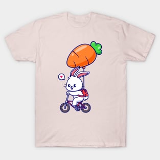 Cute Rabbit Riding Bicycle With Carrot Balloon Cartoon T-Shirt